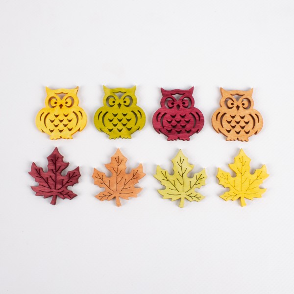 Wood owl/maple leaf 40mm, assorted