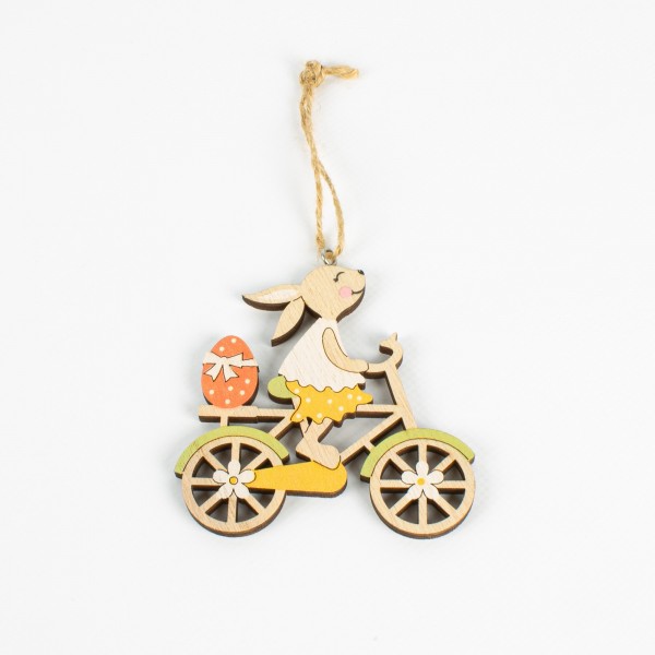 Holz Hase auf Fahrrad 82mm zum Hängen, sortiert