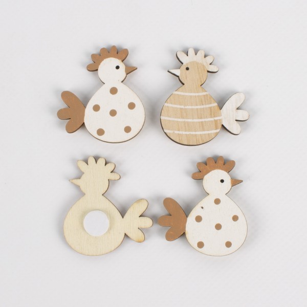 Wooden chicken 40mm with glue dot, assorted