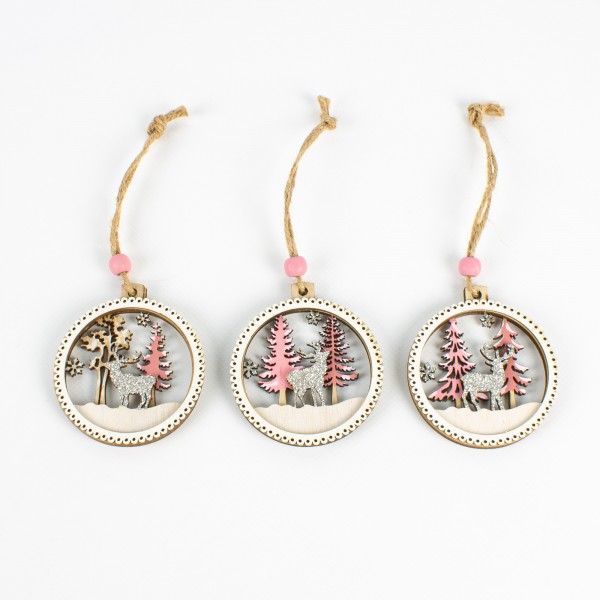 Holz Kugel WINTERWALD 68mm zum Hängen, sortiert