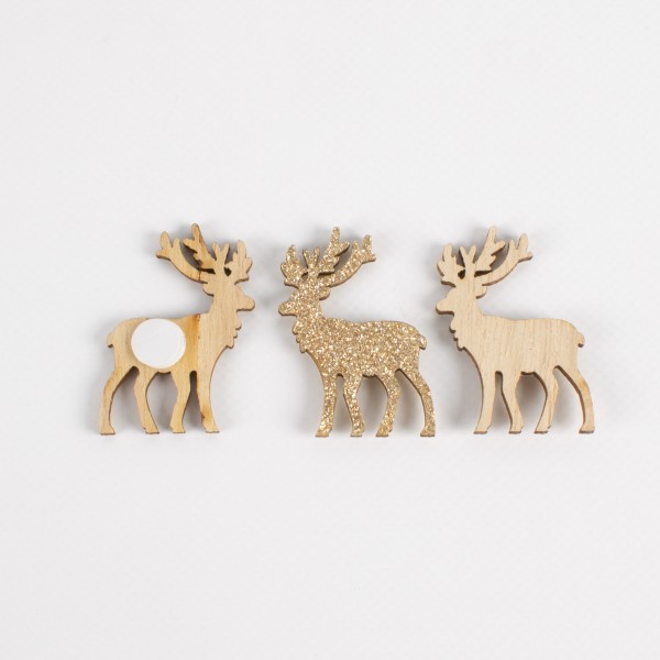 Wooden deer glitter 45mm with glue dot, 2 assorted