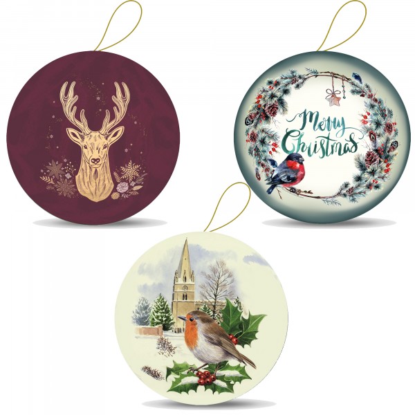 Pappkugel WEIHNACHTSLUST 80mm zum Hängen, dreifach sortiert